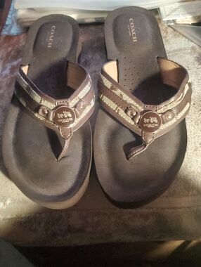 COACH Brown and Gold Women's Leather Thong Sandals